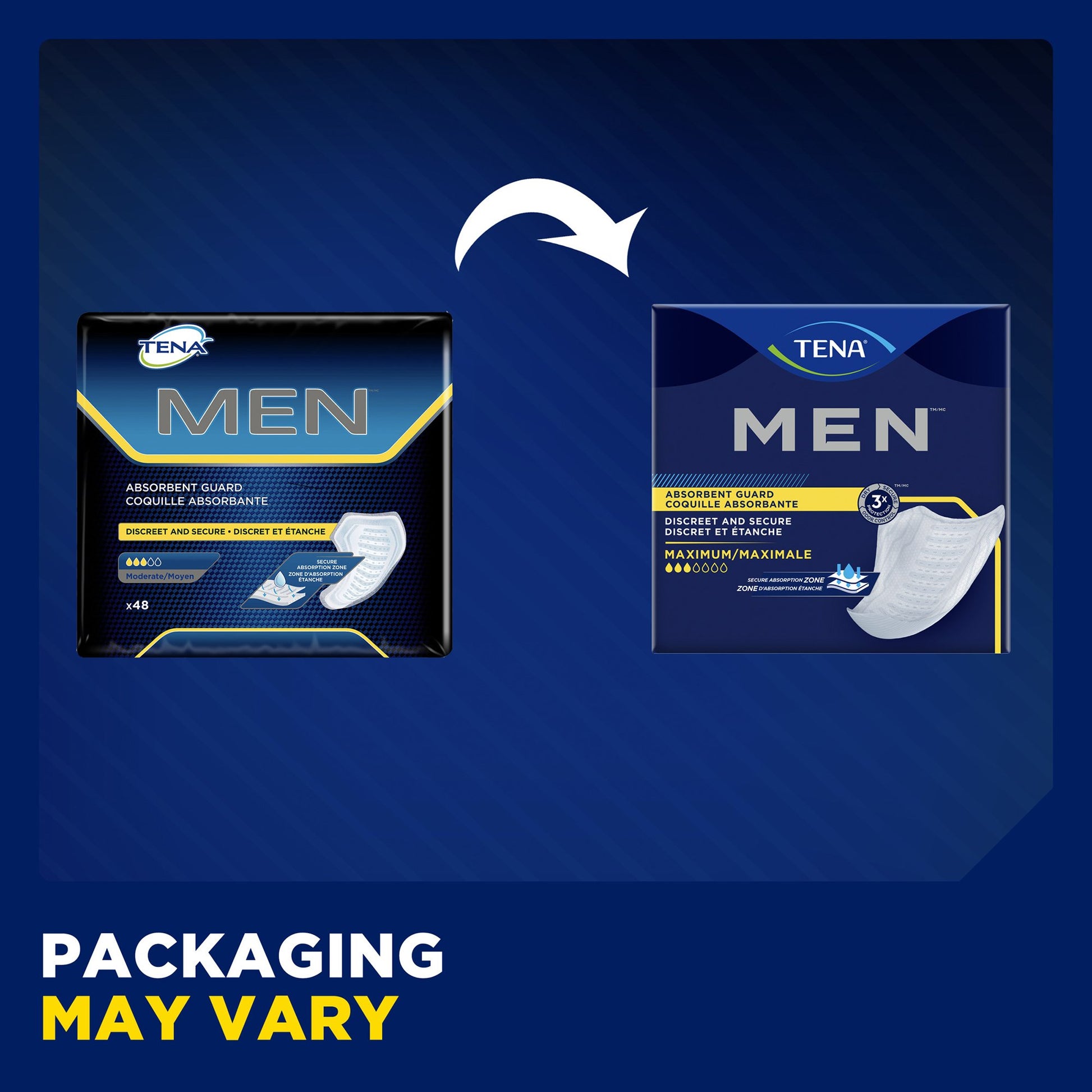 Two packages of TENA Men products on a blue background with text indicating packaging may vary.