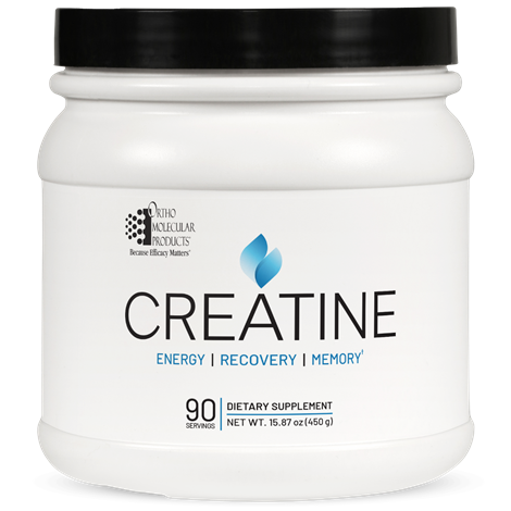 White supplement container labeled 'Creatine' with black lid on a white background