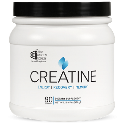 White supplement container labeled 'Creatine' with black lid on a white background