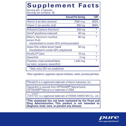 Supplement facts and ingredient information for a bottle of Pure Encapsulations Macular Support Formula dietary supplement