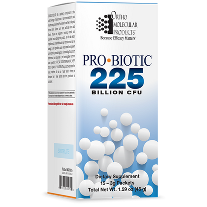 A white box with blue print that says Orthomolecular Products Probiotic 225 Billion CFu.  15-3g packets