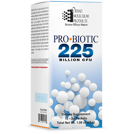 A white box with blue print that says Orthomolecular Products Probiotic 225 Billion CFu.  15-3g packets