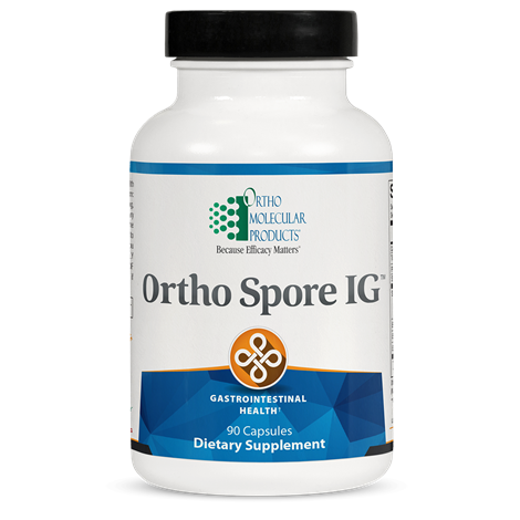 A bottle of Ortho Spore IG dietary supplement by OrthoMolecular Products.