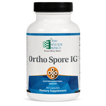 A bottle of Ortho Spore IG dietary supplement by OrthoMolecular Products.