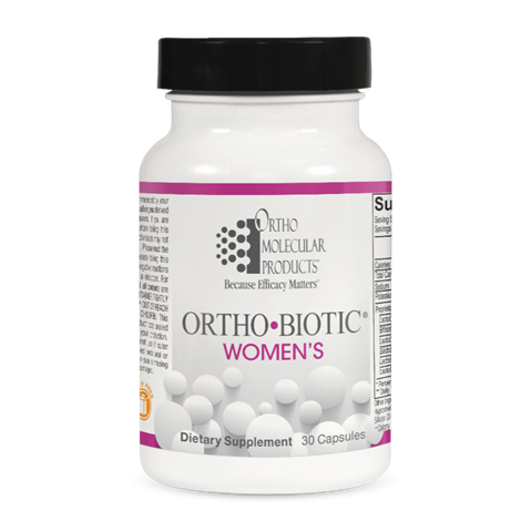 A bottle of Ortho Biotic Women's dietary supplement by Orthomolecular Products with 30 capsules inside.