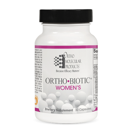 A bottle of Ortho Biotic Women's dietary supplement by Orthomolecular Products with 30 capsules inside.