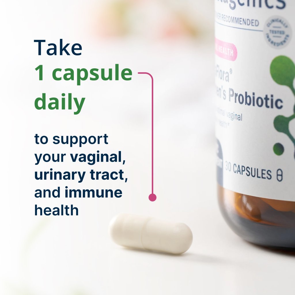 Probiotic supplement bottle with text on a white background