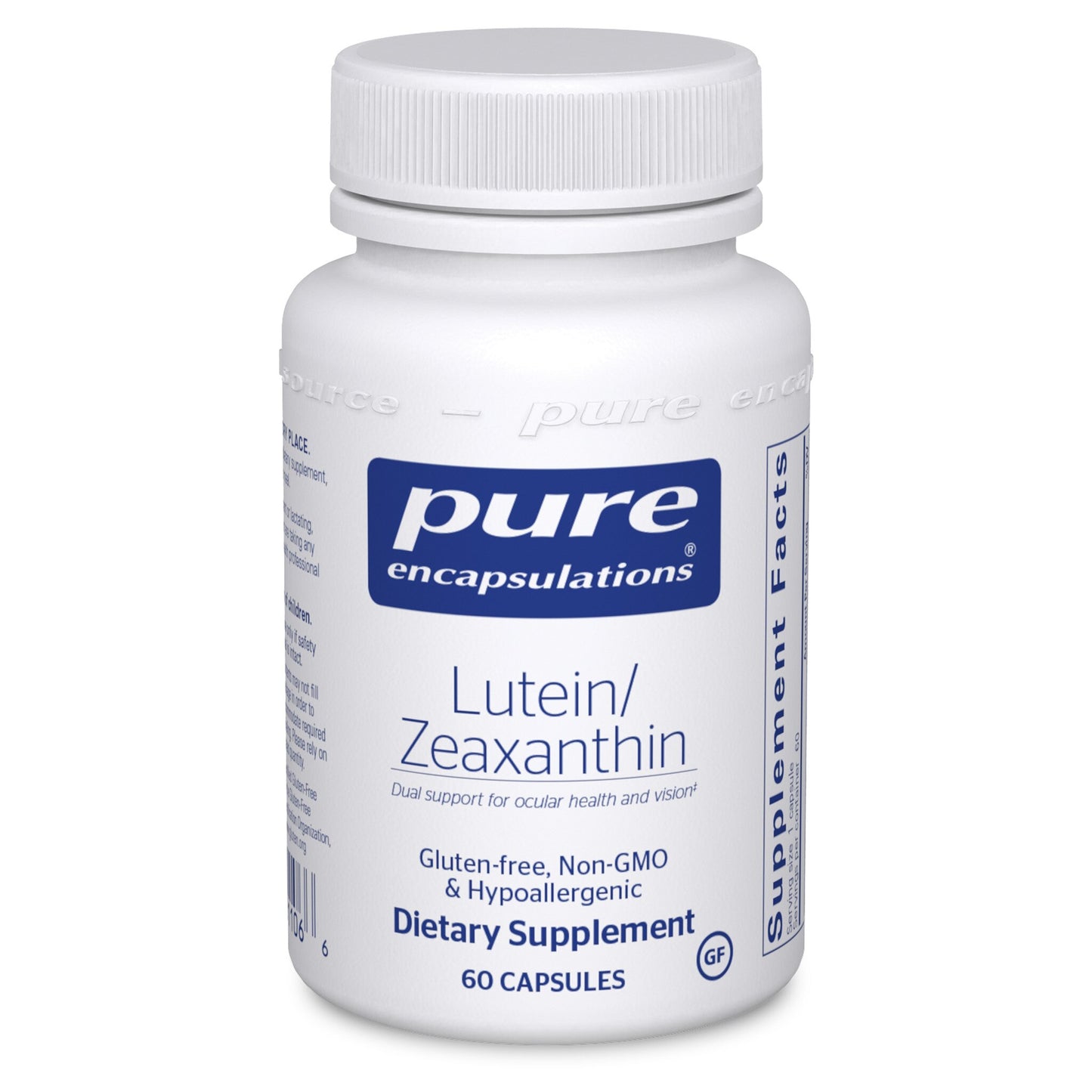 A bottle of Pure Encapsulations Lutein/Zeaxanthin dietary supplement with 60 capsules, labeled as gluten-free, non-GMO, and hypoallergenic.