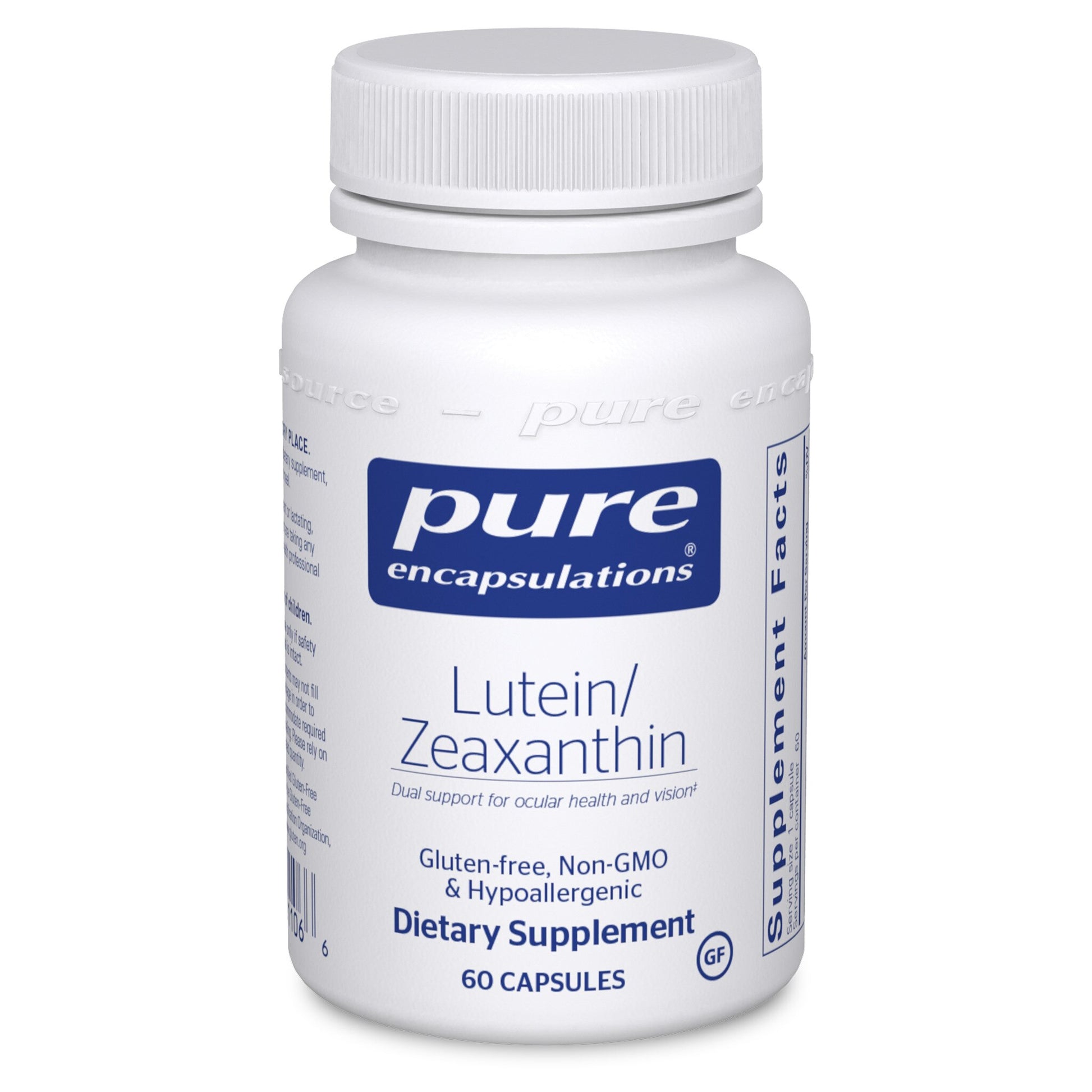 A bottle of Pure Encapsulations Lutein/Zeaxanthin dietary supplement with 60 capsules, labeled as gluten-free, non-GMO, and hypoallergenic.