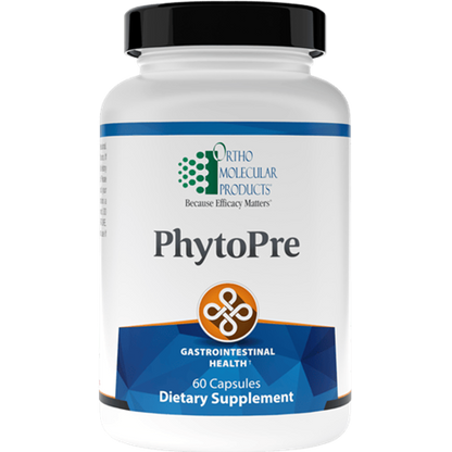 A bottle of Orthomolecular Products PhytoPre dietary supplement, with 60 capsules, labeled for gastrointestinal health.