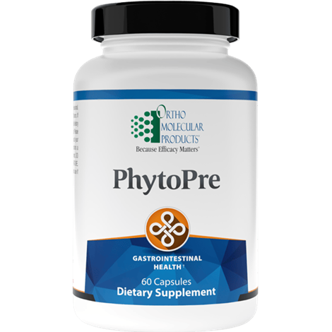 A bottle of Orthomolecular Products PhytoPre dietary supplement, with 60 capsules, labeled for gastrointestinal health.