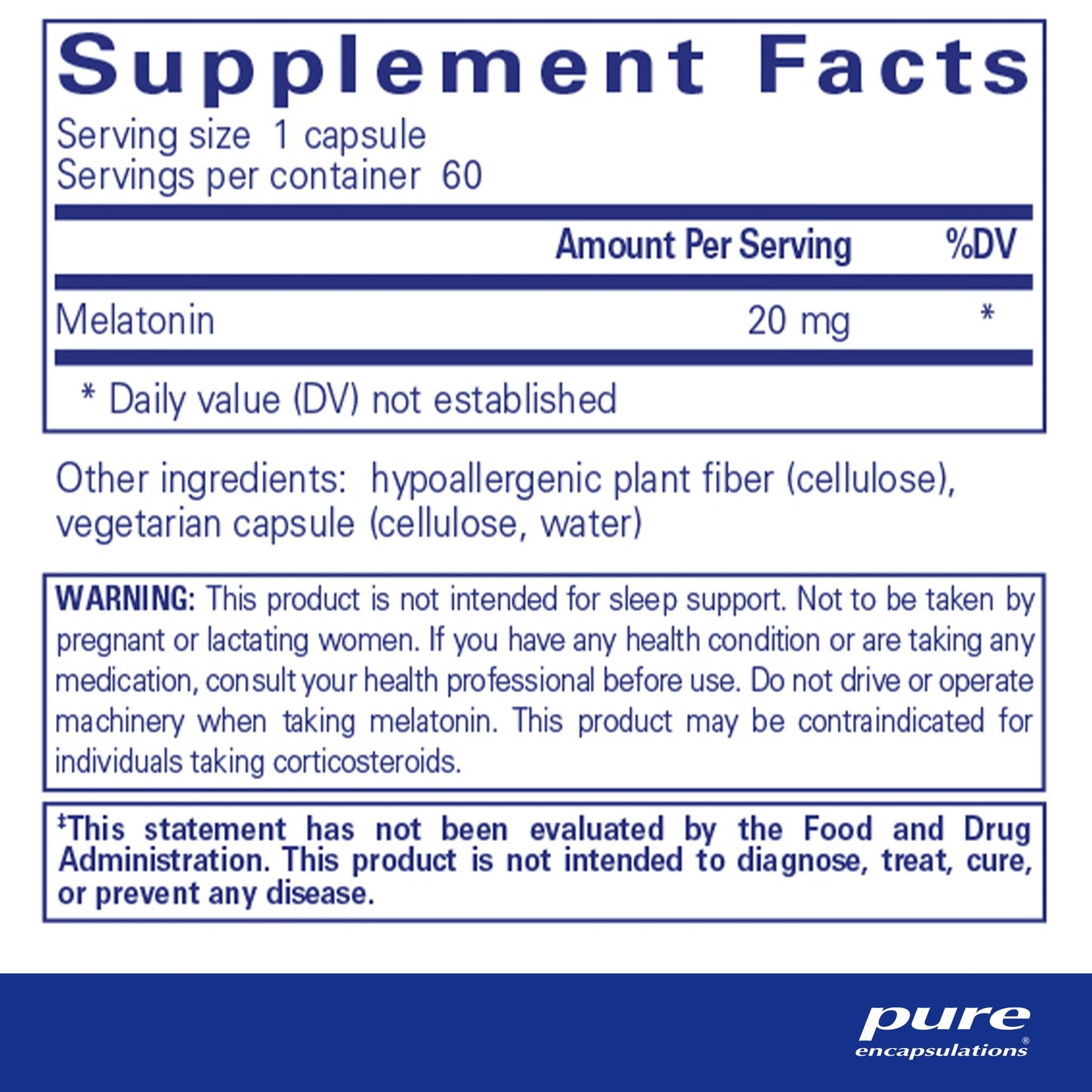 Supplement facts for a bottle of bottle of Pure Encapsulations Melatonin 20 mg dietary supplement