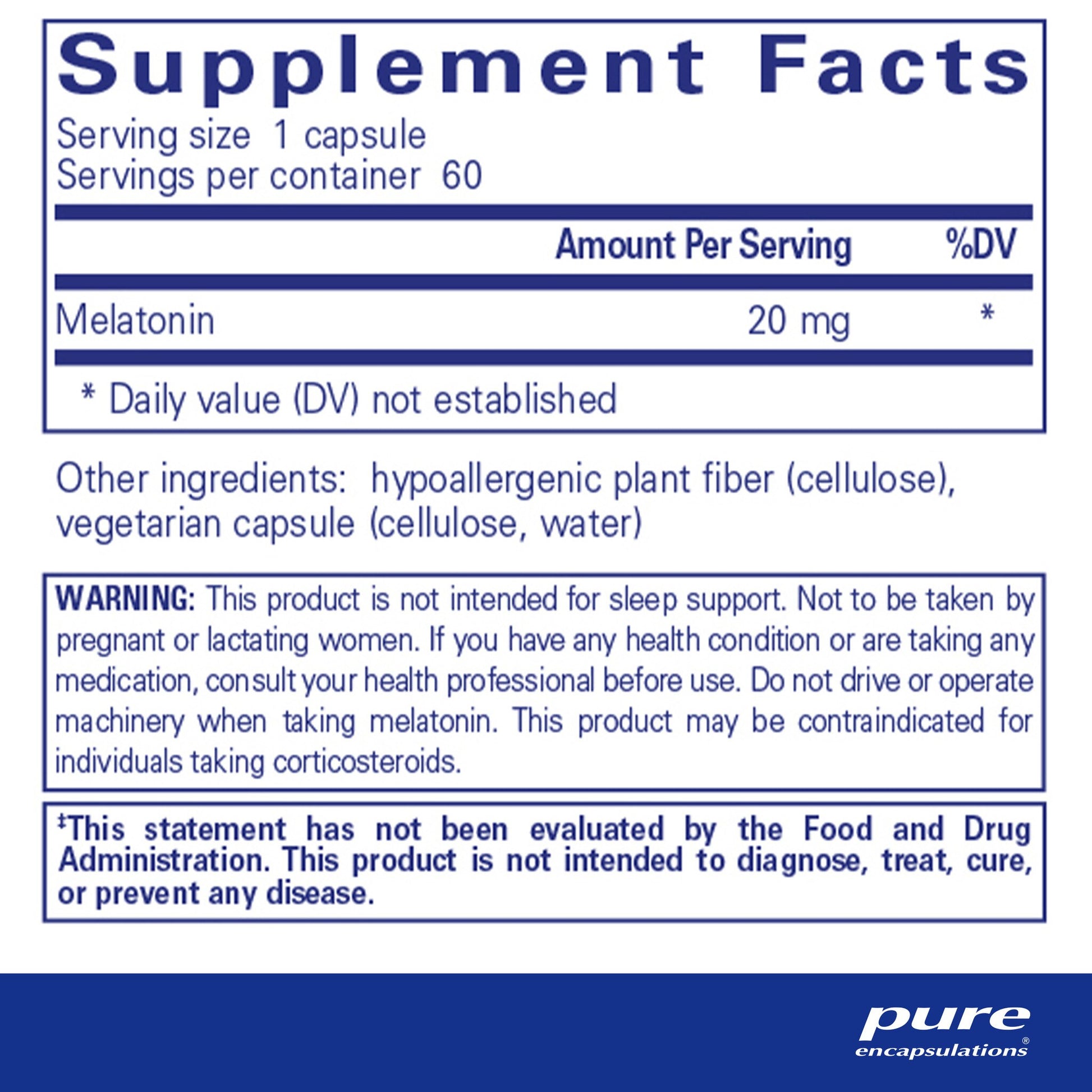 Supplement facts for a bottle of bottle of Pure Encapsulations Melatonin 20 mg dietary supplement