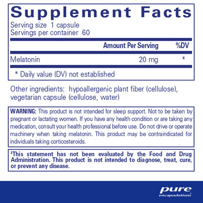 Supplement facts for a bottle of bottle of Pure Encapsulations Melatonin 20 mg dietary supplement