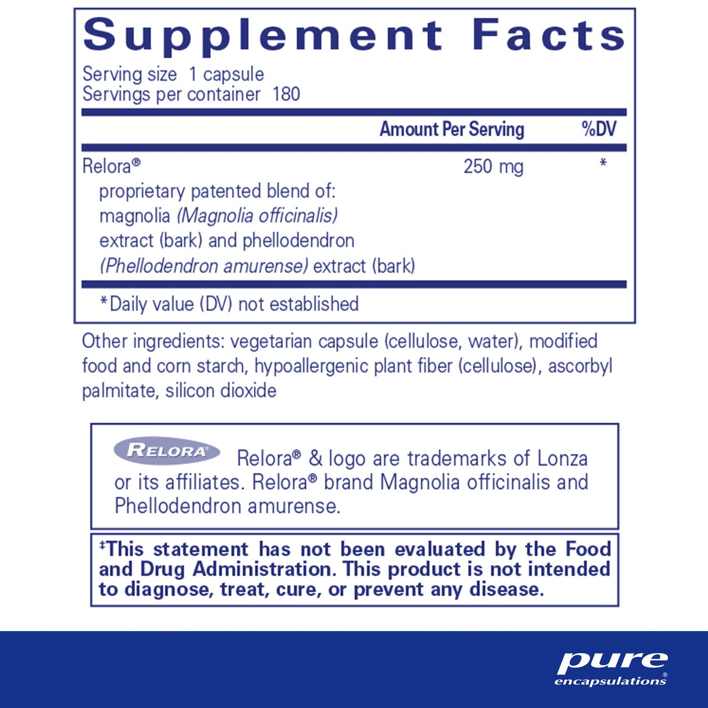 Supplement facts and ingredient information for a bottle of Pure Encapsulations Relora dietary supplement 