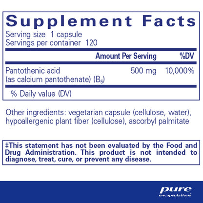 Supplement facts and ingreident information for a bottle of Pure Encapsulations Pantothenic Acid