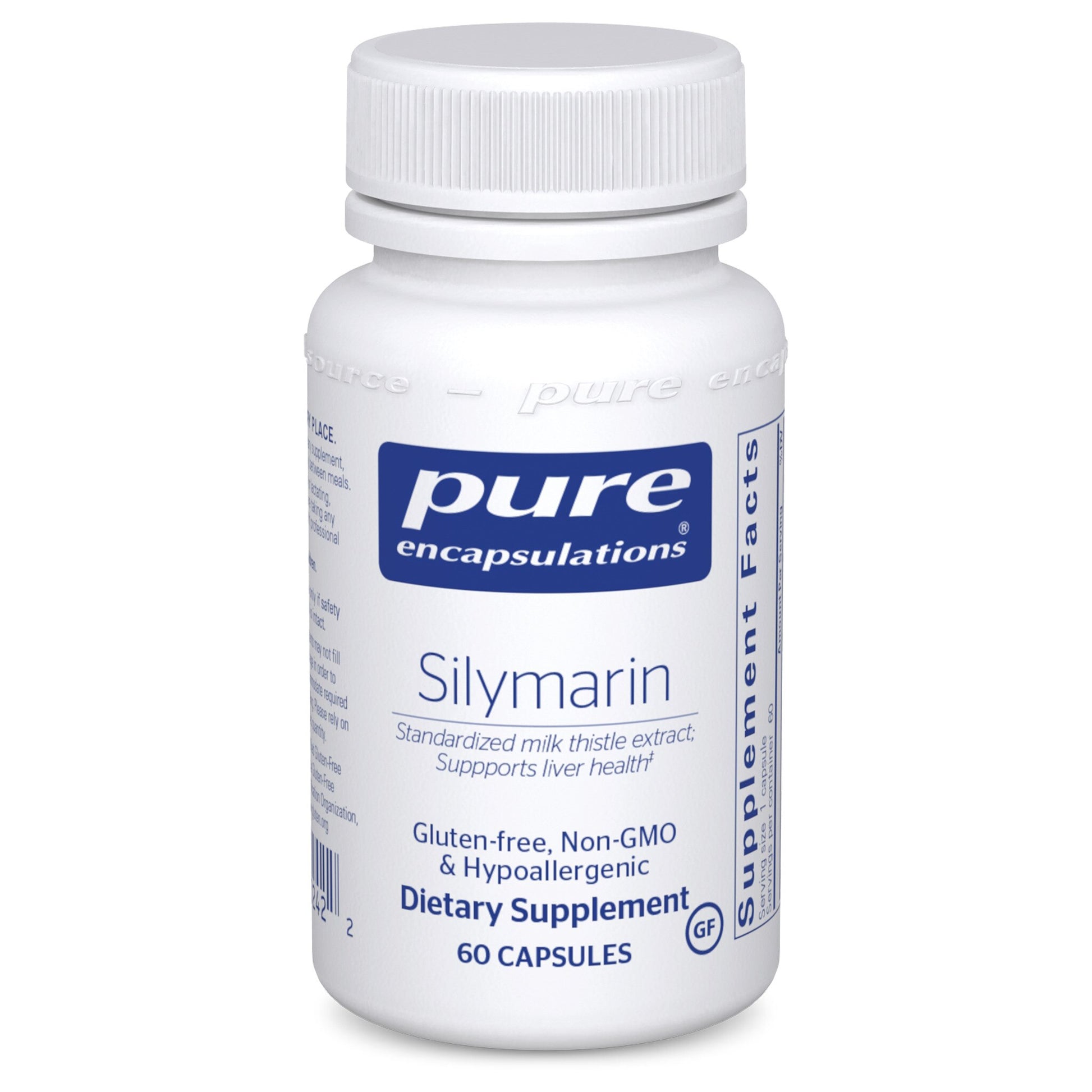 A bottle of Pure Encapsulations Silymarin dietary supplement with 60 capsules. The label is white with blue and red text, and the bottle is made of white plastic with a child-resistant cap.