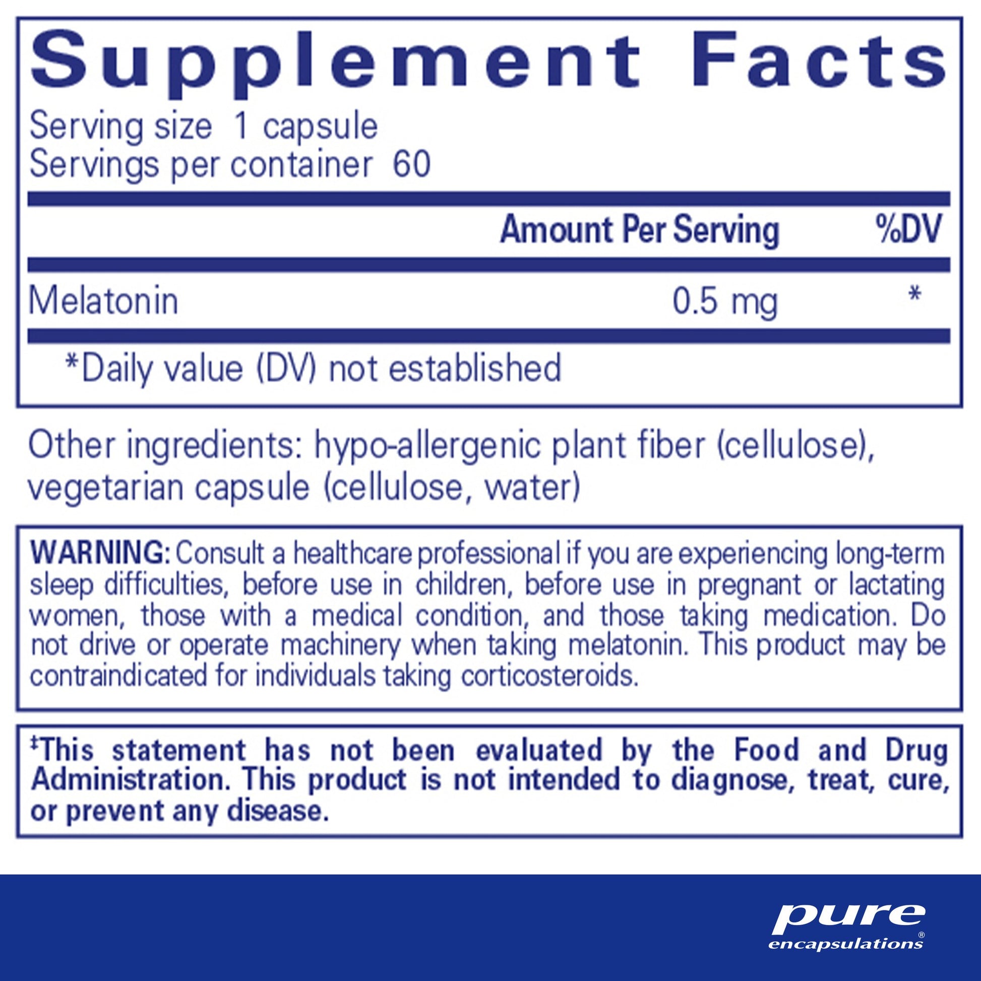 Supplement facts and ingreidnet information for a bottle of Pure Encapsulations Melatonin 0.5 mg dietary supplement 