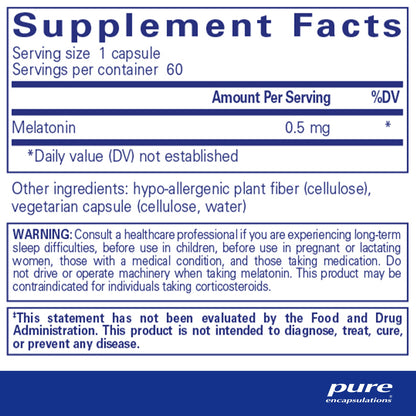 Supplement facts and ingreidnet information for a bottle of Pure Encapsulations Melatonin 0.5 mg dietary supplement 