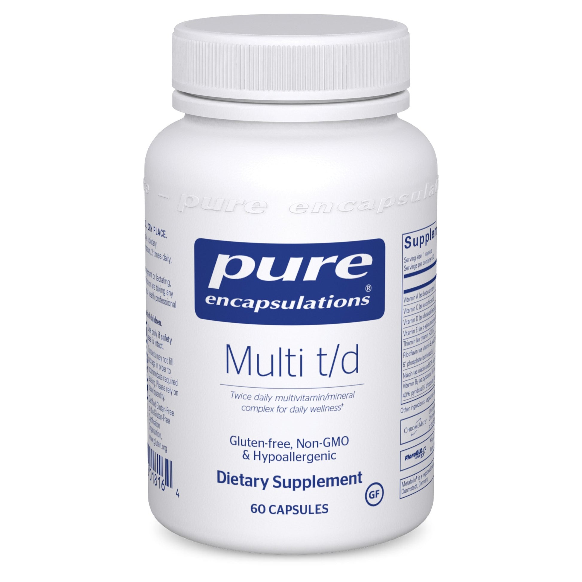 A bottle of Pure Encapsulations Multi t/d dietary supplement with 60 capsules, labeled as gluten-free and non-GMO.