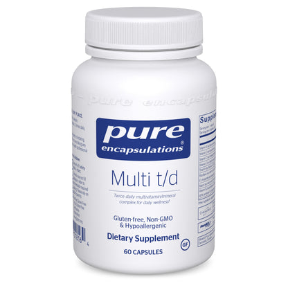 A bottle of Pure Encapsulations Multi t/d dietary supplement with 60 capsules, labeled as gluten-free and non-GMO.