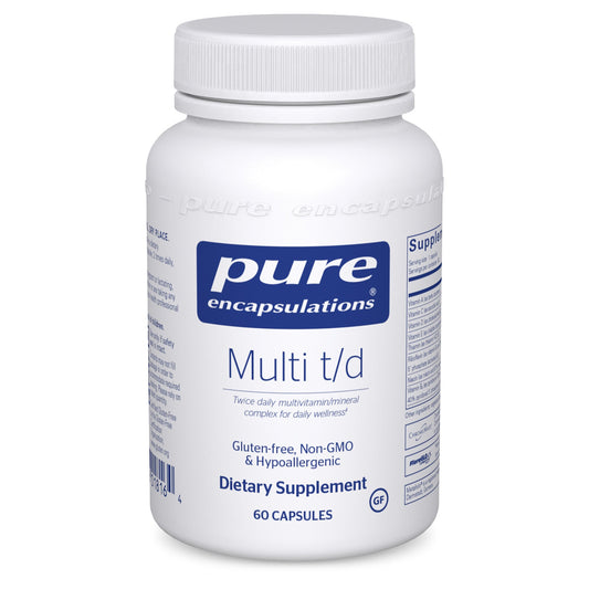 A bottle of Pure Encapsulations Multi t/d dietary supplement with 60 capsules, labeled as gluten-free and non-GMO.
