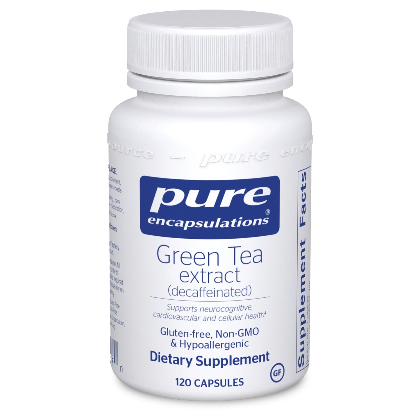 A bottle of Pure Encapsulations Green Tea Extract dietary supplement with 120 capsules. The label is white and blue, indicating it is gluten-free, non-GMO, and hypoallergenic.