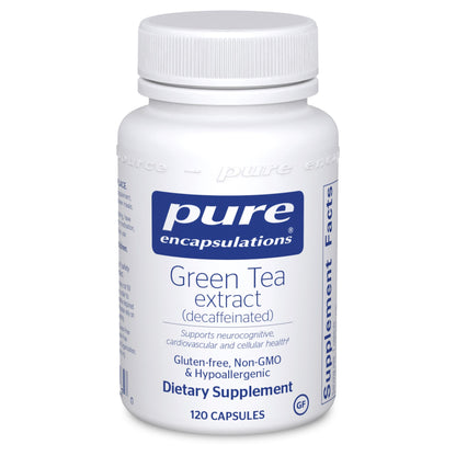 A bottle of Pure Encapsulations Green Tea Extract dietary supplement with 120 capsules. The label is white and blue, indicating it is gluten-free, non-GMO, and hypoallergenic.