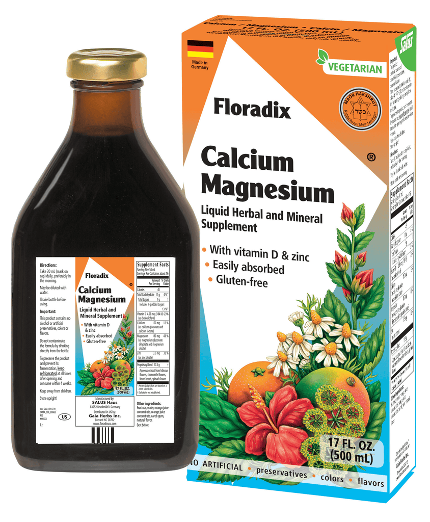 Floradix Calcium and Magnesium Liquid supplement packaging and bottle, with vitamins and minerals listed on the label and a vegetarian formula indication.