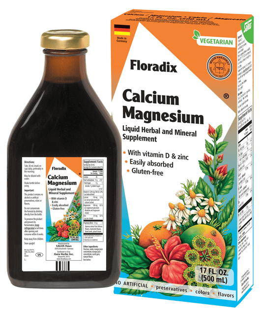 Floradix Calcium and Magnesium Liquid supplement packaging and bottle, with vitamins and minerals listed on the label and a vegetarian formula indication.