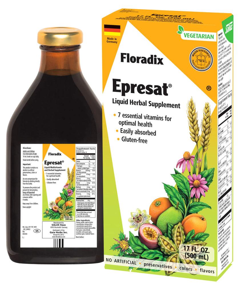 Packaging and bottle of Floradix Epresat Adult Multivitamin, showing the label with product information, the bottle, and a graphic representation of the product's use for health.