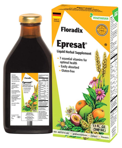 Packaging and bottle of Floradix Epresat Adult Multivitamin, showing the label with product information, the bottle, and a graphic representation of the product's use for health.