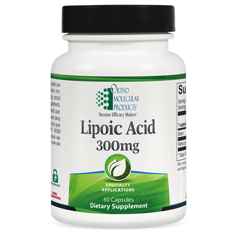 A bottle of OrthoMolecular Products Lipoic Acid 300 mg dietary supplement containing 60 capsules.