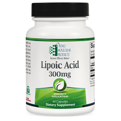 A bottle of OrthoMolecular Products Lipoic Acid 300 mg dietary supplement containing 60 capsules.