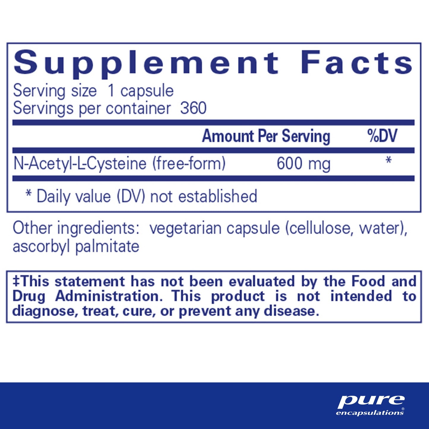 Supplement facts and ingredientg information for A bottle of Pure Encapsulations NAC (N-Acetyl-l-Cysteine) 600 mg dietary supplement 