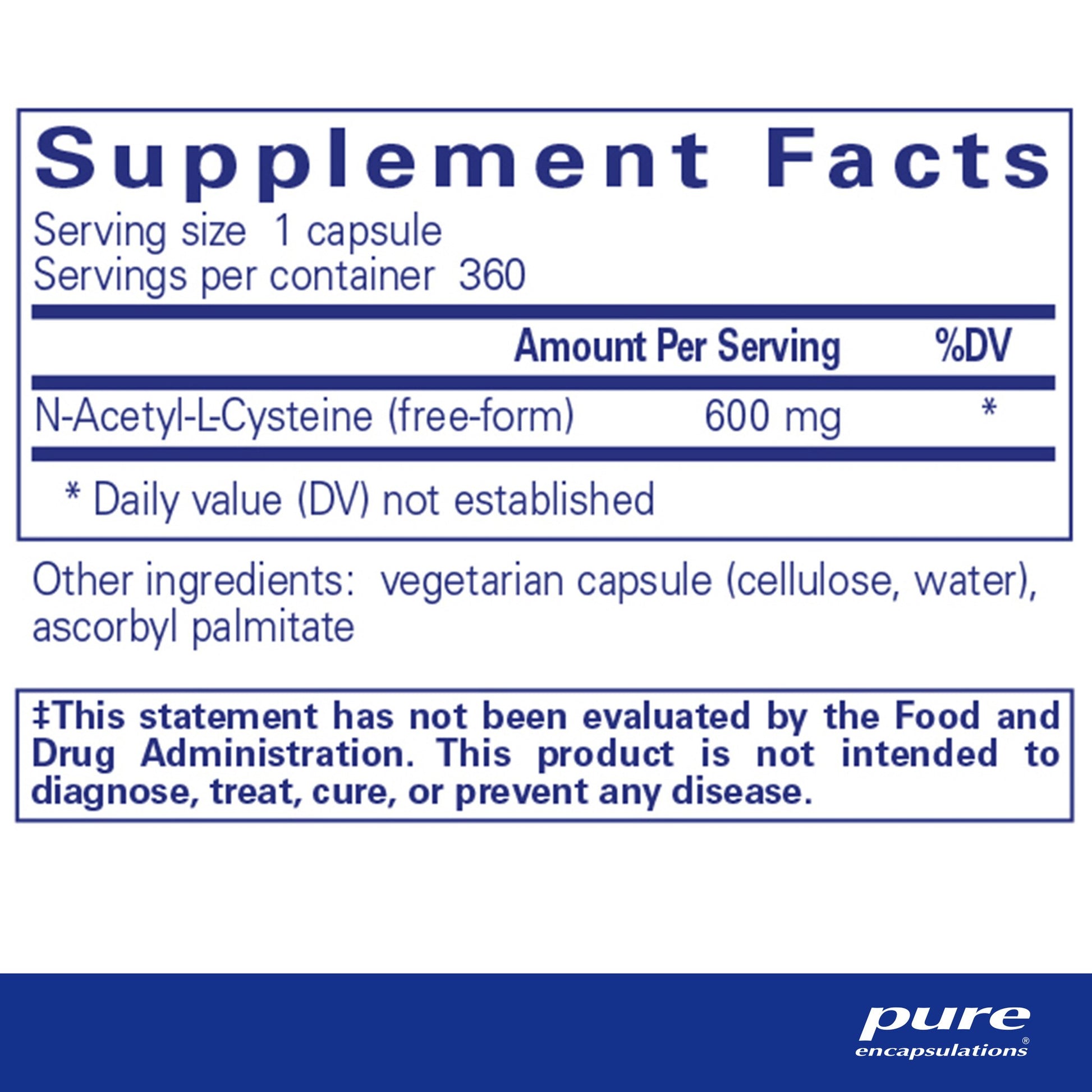 Supplement facts and ingredientg information for A bottle of Pure Encapsulations NAC (N-Acetyl-l-Cysteine) 600 mg dietary supplement 