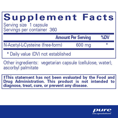 Supplement facts and ingredientg information for A bottle of Pure Encapsulations NAC (N-Acetyl-l-Cysteine) 600 mg dietary supplement 