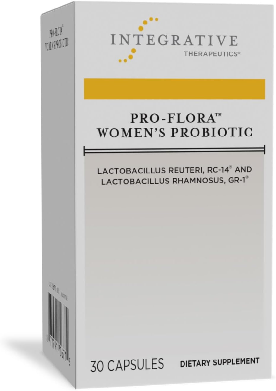A box of Integrative Therapeutics Pro-Flora Women's Probiotic with 30 capsules. The packaging is primarily white and yellow, with text detailing the product name and the strains of bacteria contained within.