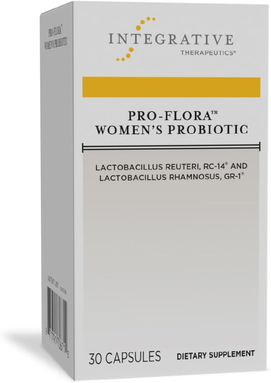 A box of Integrative Therapeutics Pro-Flora Women's Probiotic with 30 capsules. The packaging is primarily white and yellow, with text detailing the product name and the strains of bacteria contained within.