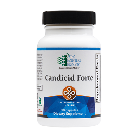 A bottle of OrthoMolecular Products Candicid Forte dietary supplement with 90 capsules, primarily for gastrointestinal health.