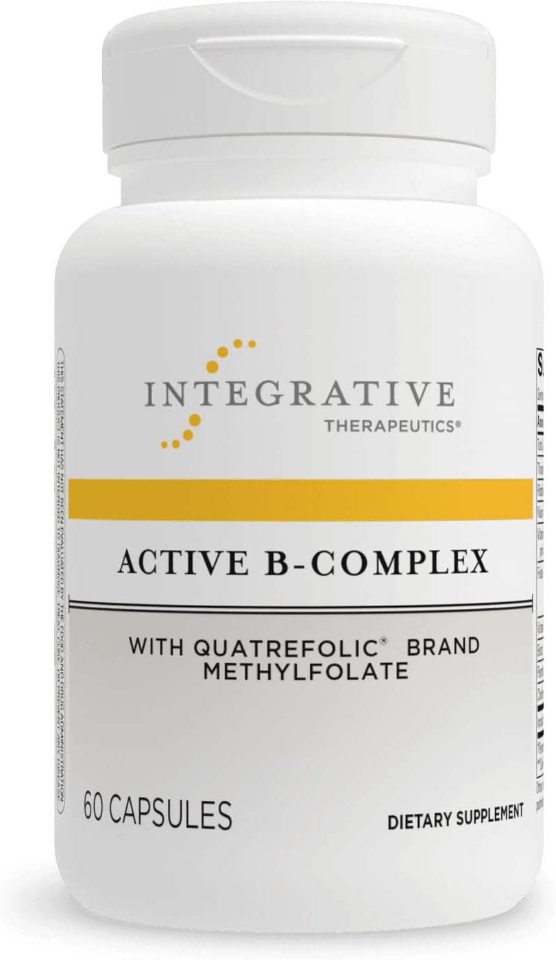 A bottle of Integrative Therapeutics Active B-Complex dietary supplement with Quatrefolic brand methylfolate, containing 60 capsules.