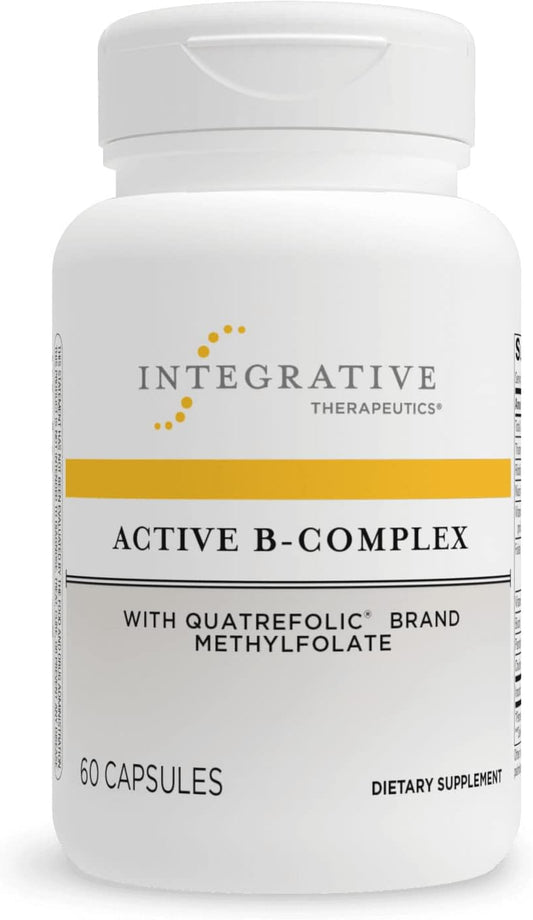 A bottle of Integrative Therapeutics Active B-Complex dietary supplement with Quatrefolic brand methylfolate, containing 60 capsules.