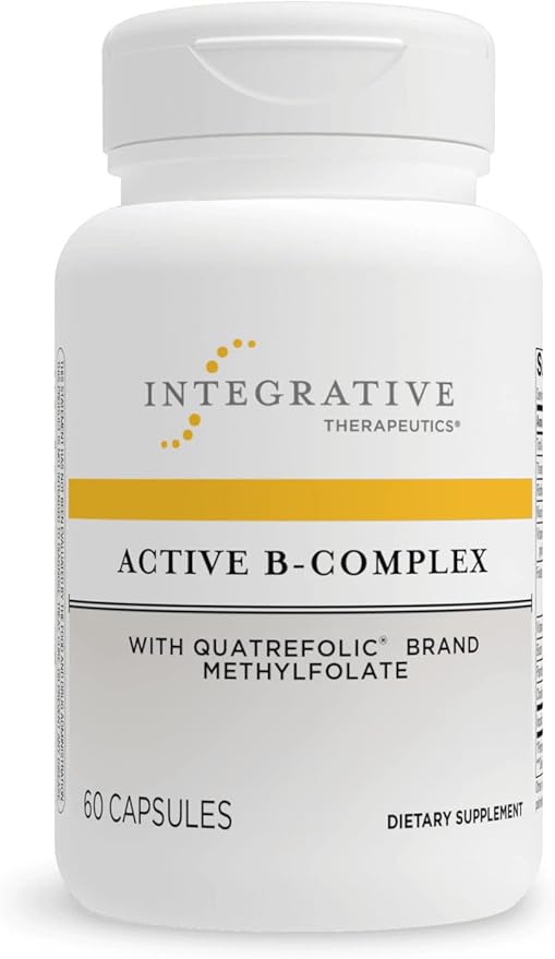 A bottle of Integrative Therapeutics Active B-Complex dietary supplement with 120 capsules. The label is white with a yellow and orange stripe and text detailing the product name and count.