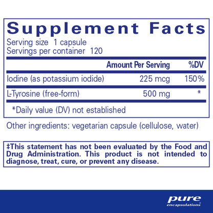 Supplement facts and ingredient information for a  bottle of Pure Encapsulations Iodine and Tyrosine dietary supplement