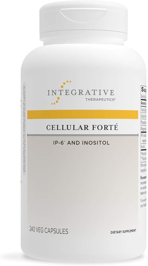 A bottle of Integrative Therapeutics Cellular Forte dietary supplement with 120 capsules inside. The label is white with a yellow band and black text, indicating the product is a dietary supplement.