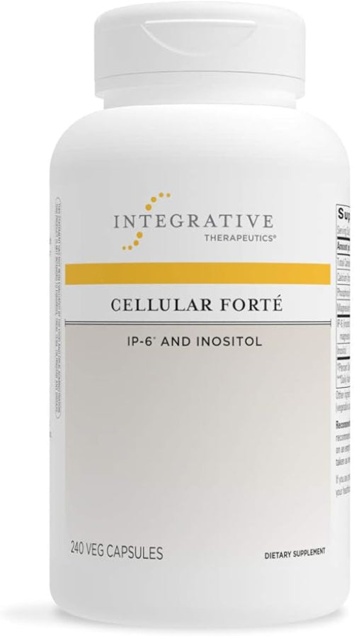 A bottle of Integrative Therapeutics Cellular Forte dietary supplement with 120 capsules inside. The label is white with a yellow band and black text, indicating the product is a dietary supplement.