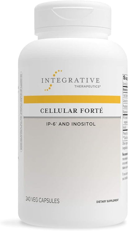 A bottle of Integrative Therapeutics Cellular Forte dietary supplement with 120 capsules inside. The label is white with a yellow band and black text, indicating the product is a dietary supplement.