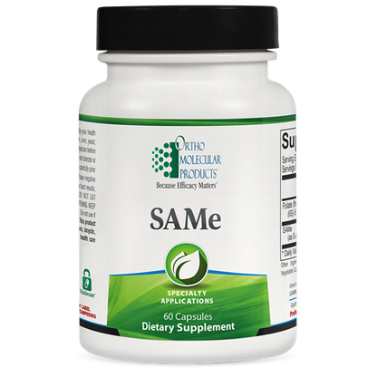 A bottle of Orthomolecular Products SAMe dietary supplement with green and white labeling, indicating 60 capsules inside.