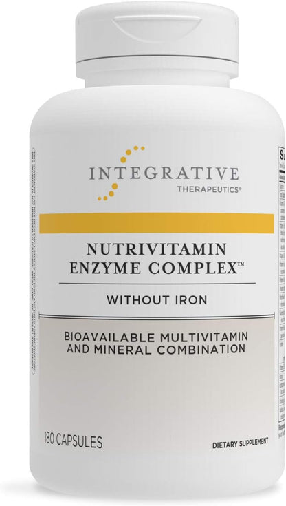 A bottle of Integrative Therapeutics NutriVitamin Enzyme Complex multivitamin supplement without iron, containing 90 capsules.