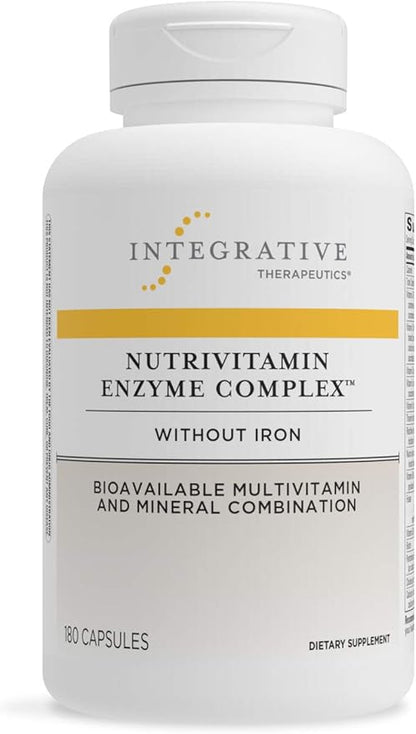 A bottle of Integrative Therapeutics NutriVitamin Enzyme Complex multivitamin supplement without iron, containing 180 capsules.